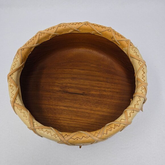 Wood Bowl 12" Leather Overlay Handmade Possibly Native American Round Wooded - Picture 5 of 14